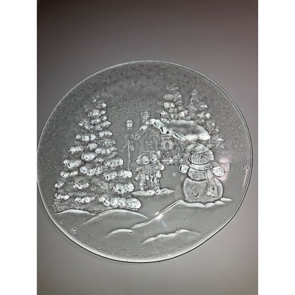 Clear Glass Vintage Christmas Plate Platter With Snowman & Tree Design - Picture 7 of 9
